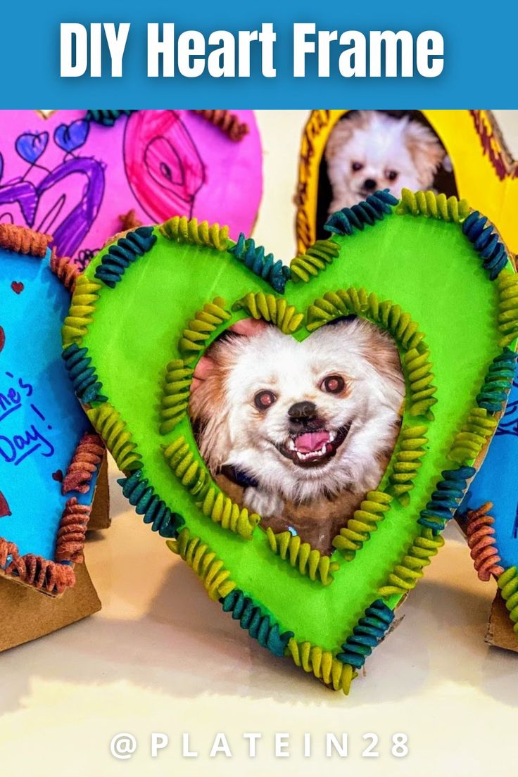 This may contain: three heart shaped pillows with a dog in the center and text overlay that reads diy heart frame
