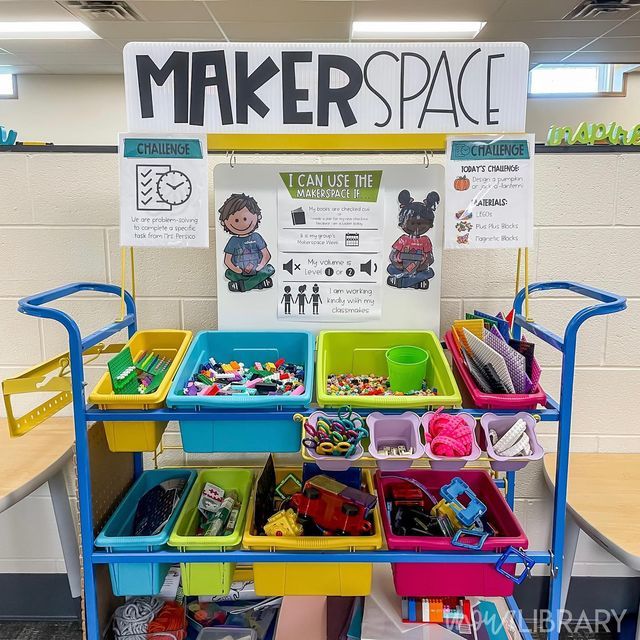 This may contain: a colorful cart filled with lots of toys and other items next to a sign that says maker space