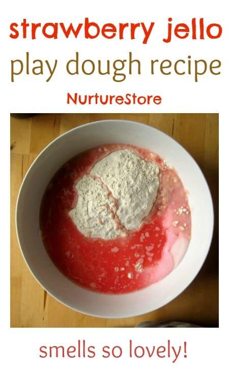 A great homemade play dough recipe, with strawberry jello - smells fantastic!