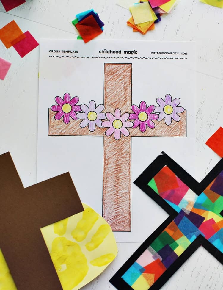 Coloring page of a cross next to two crafts made from a cross template. Colored tissue paper is around the pages.