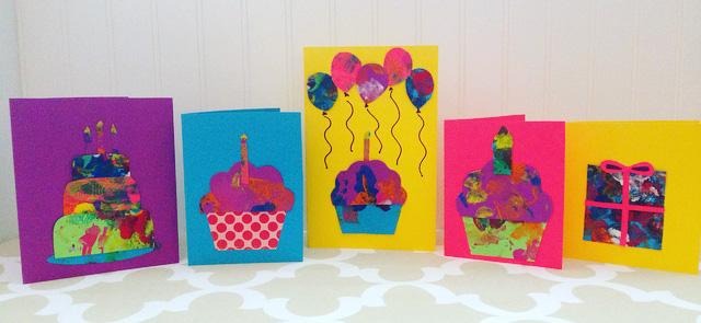 Card making ideas with toddlers - use their paintings and cut and paste them into homemade cards for birthdays