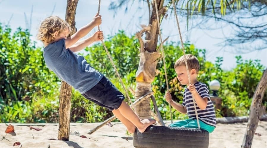 Two young boys enjoying a sunny day by playing together on a tire swing, enhancing their gross motor skills through outdoor activity.