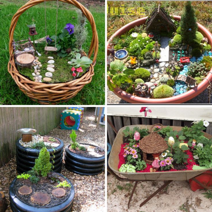 This may contain: four different pictures of various plants and rocks in a wheelbarrow, with small houses on the wheels