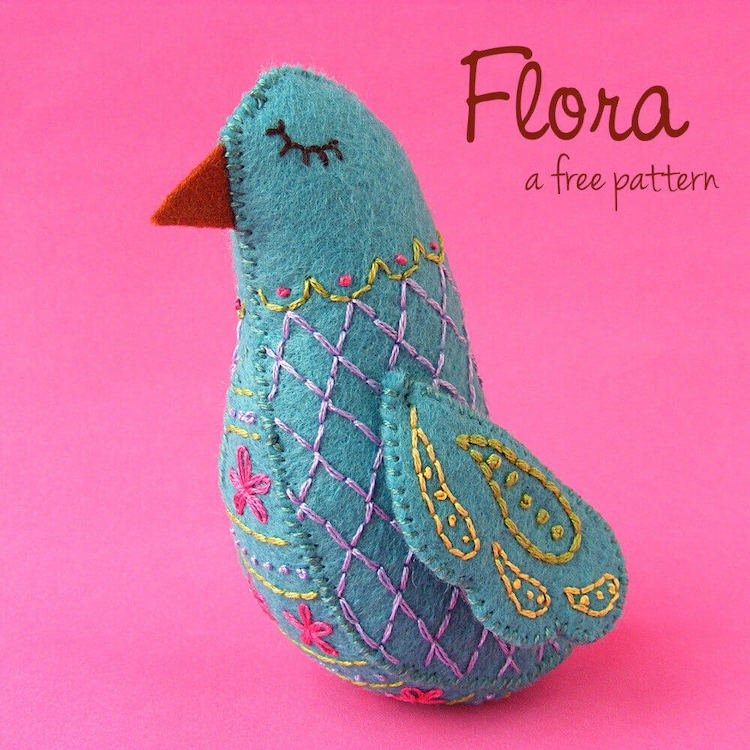 cute free felt bird pattern with embroidery, blue bird felt pattern