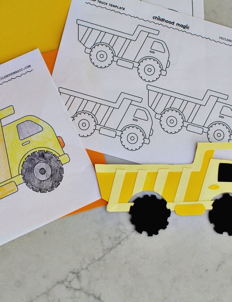 dump truck made from yellow paper next to a dump truck coloring page.