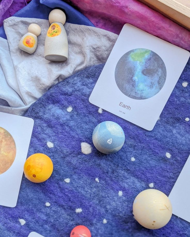 This may contain: an assortment of different planets and their names on a blue blanket with white dots around them