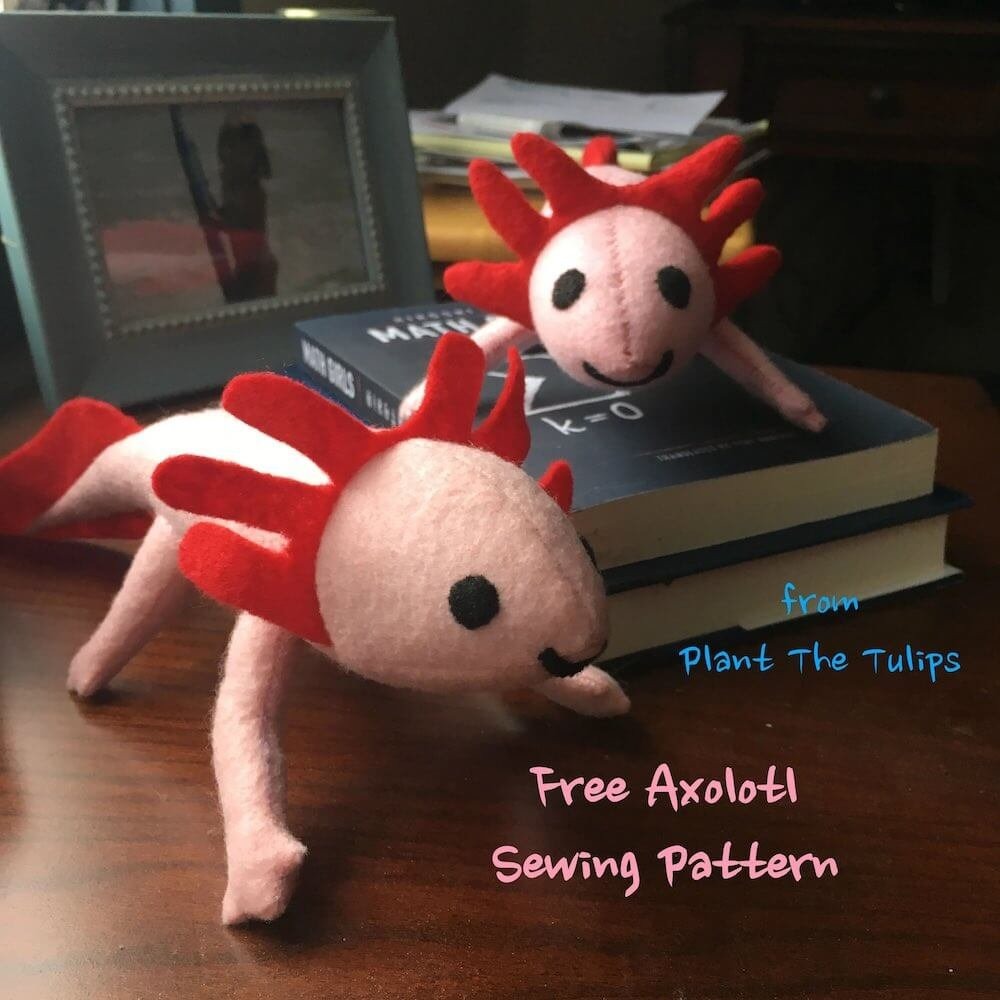 free felt animal pattern for axolotl, two pink axolotls made from felt