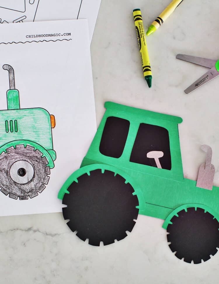tractor made from cut out paper next to a tractor coloring page.