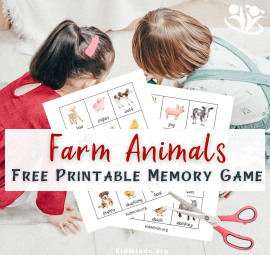 A cute printable game that requires children to match farm animals with their babies, thus testing their memory and knowledge. #kidsactivities #braingym #memorygame #farmanimals #earlyeducation #creativelearning