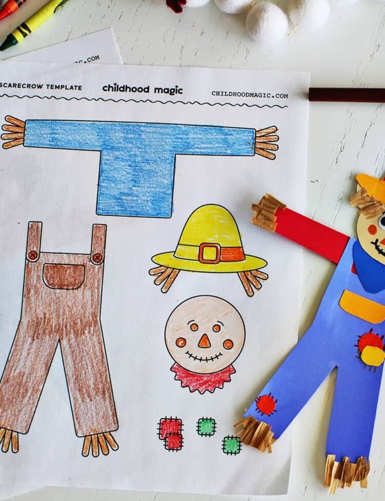 scarecrow craft using paper and a printed template.