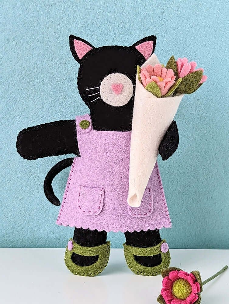 free animal felt pattern for black flower kitty in purple dress